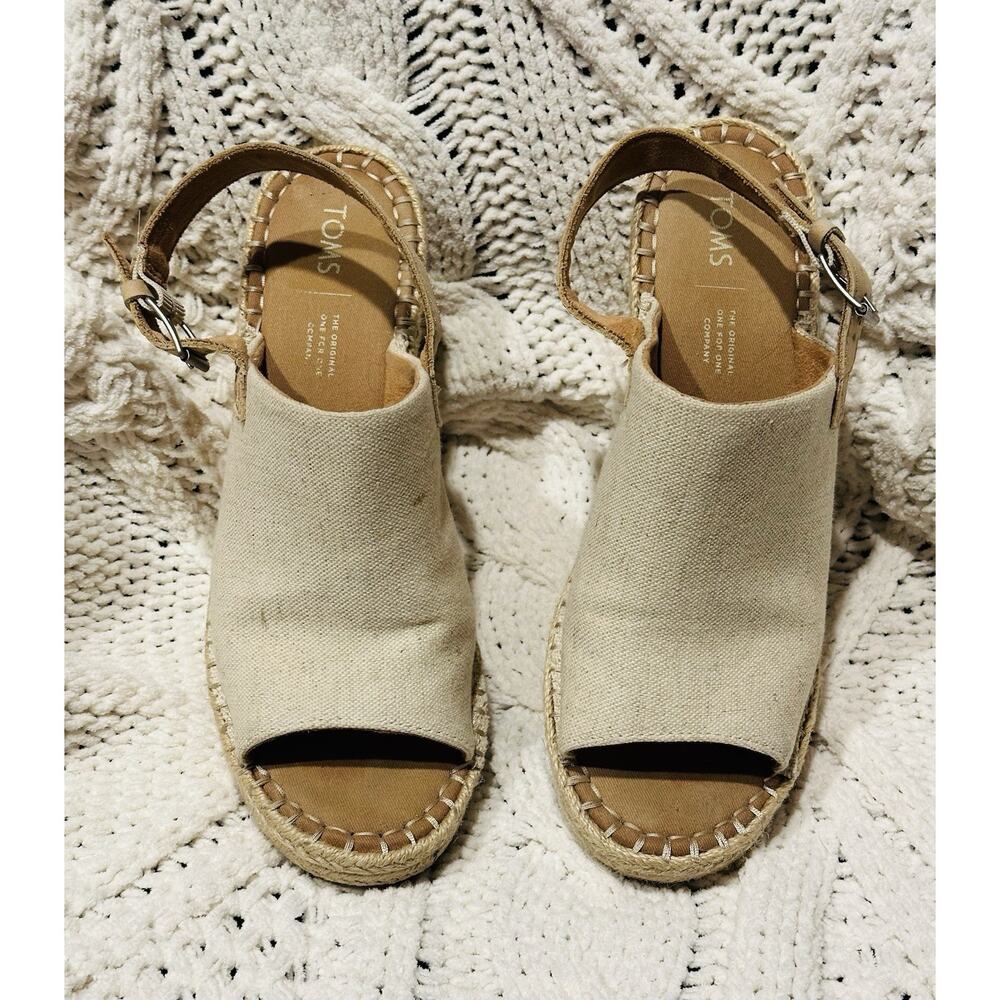 TOMS Monica Desert Taupe Suede Open Toe Slingback Espadrille Wedges Size 10